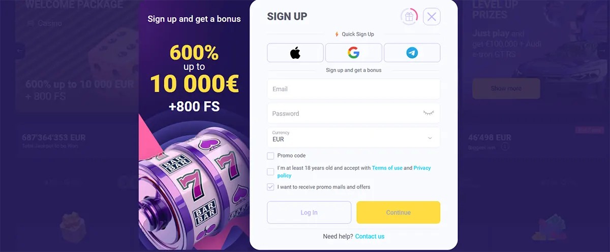 Online casino sign-up form showing a 600% welcome bonus up to €10,000 plus 800 free spins. The interface includes email, password, currency selection, and quick sign-up options via Apple, Google, and Telegram. A large slot machine graphic is displayed on the left side to highlight the promotion.