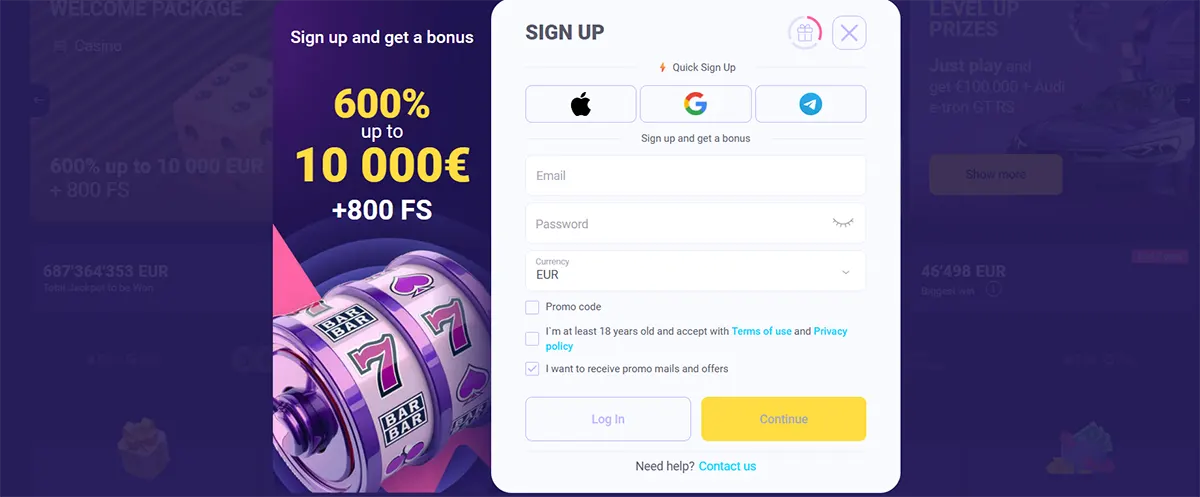 Online casino sign-up form showing a 600% welcome bonus up to €10,000 plus 800 free spins. The interface includes email, password, currency selection, and quick sign-up options via Apple, Google, and Telegram. A large slot machine graphic is displayed on the left side to highlight the promotion.