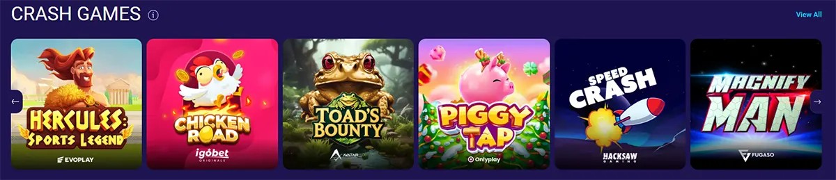 Crash games carousel featuring titles like Hercules Sports Legend, Chicken Road, Toad’s Bounty, Piggy Tap, Speed Crash, and Magnify Man. Bright, colorful game covers with characters such as a hero, chicken, toad, pig, and rocket. The banner showcases popular crash-style games available on the platform.