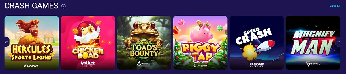 Crash games carousel featuring titles like Hercules Sports Legend, Chicken Road, Toad’s Bounty, Piggy Tap, Speed Crash, and Magnify Man. Bright, colorful game covers with characters such as a hero, chicken, toad, pig, and rocket. The banner showcases popular crash-style games available on the platform.